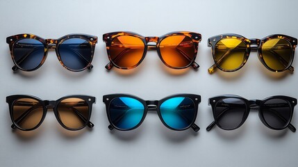 A stylish collection of sunglasses with various colored lenses arranged in two rows on a white background, showcasing different designs.
