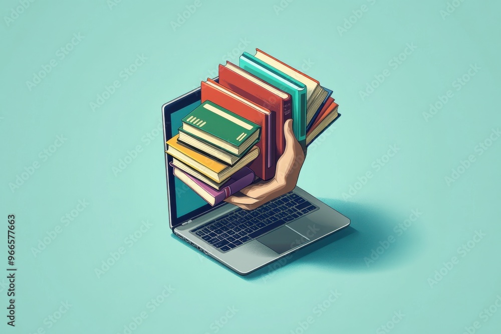 Poster hand emerging from laptop screen holding a stack of books, representing knowledge and digital learni