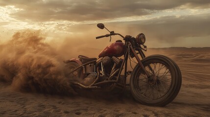 A vintage motorcycle rides through the desert, kicking up sand, during a dramatic sunset scene.