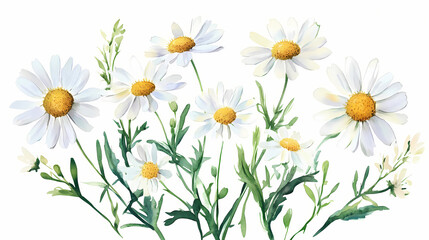 Obraz premium Watercolor daisy floral illustration, chamomile spring flowers clipart, wildflower arrangement and summer wreath, wedding invitations. Spring Blossom. Illustration