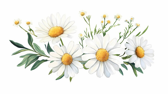 Watercolor daisy floral illustration, chamomile spring flowers clipart, wildflower arrangement and summer wreath, wedding invitations. Spring Blossom. Illustration