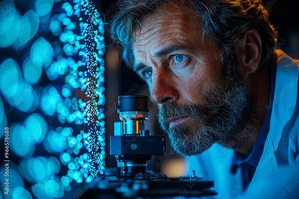 Poster a scientist examining samples under a powerful electron microscope, showcasing the role of advanced 
