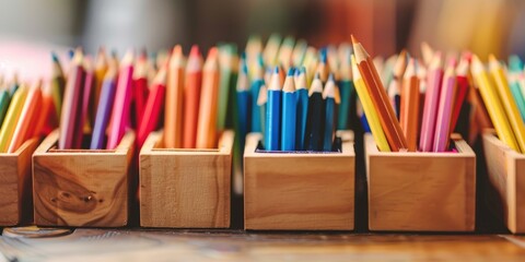 Colorful pencils and stationery in organizers on a wooden desk top view