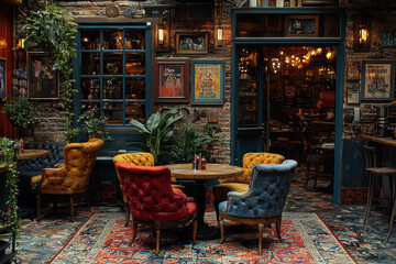 A quirky cafe with eccentric decor and themed furnishings, showcasing the unique and imaginative aspects of restaurant design. Concept of themed cafe and interior design.