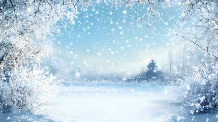 Winter wonderland snow scene with copy space. winter background with a snowflake border and white vignetting. Winter Wonderland. Illustration