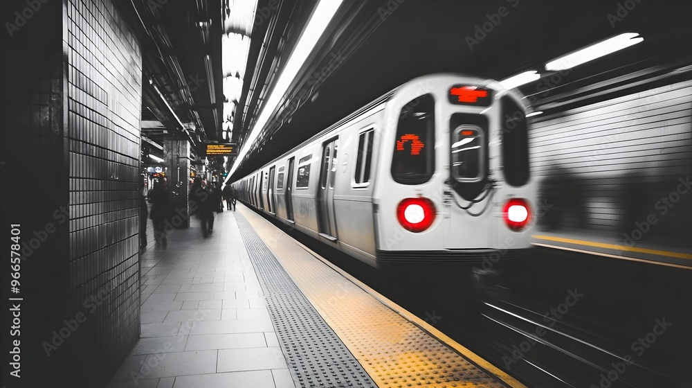 Poster high speed train arriving at busy station platform with motion blur effect