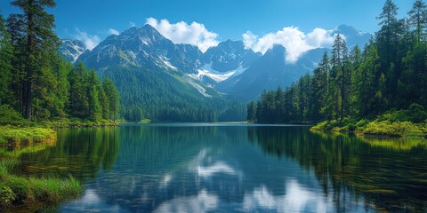 Fototapeta premium Serene Mountain Lake with Snow-Capped Peaks and Lush Forest