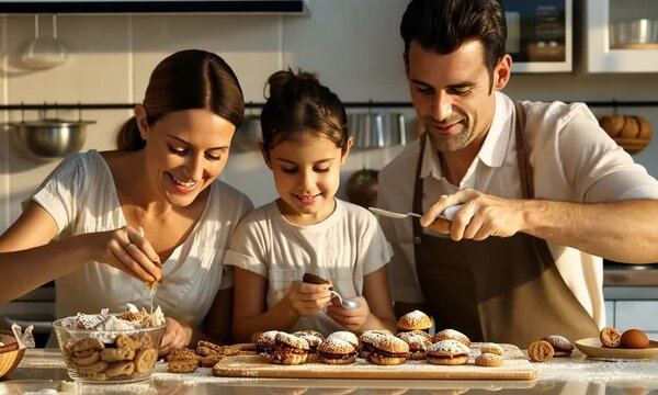 Family baking for National Fluffernutter Day, October 8th, making fluffernutter sandwiches together, hyperrealistic . Video - Powered by Adobe