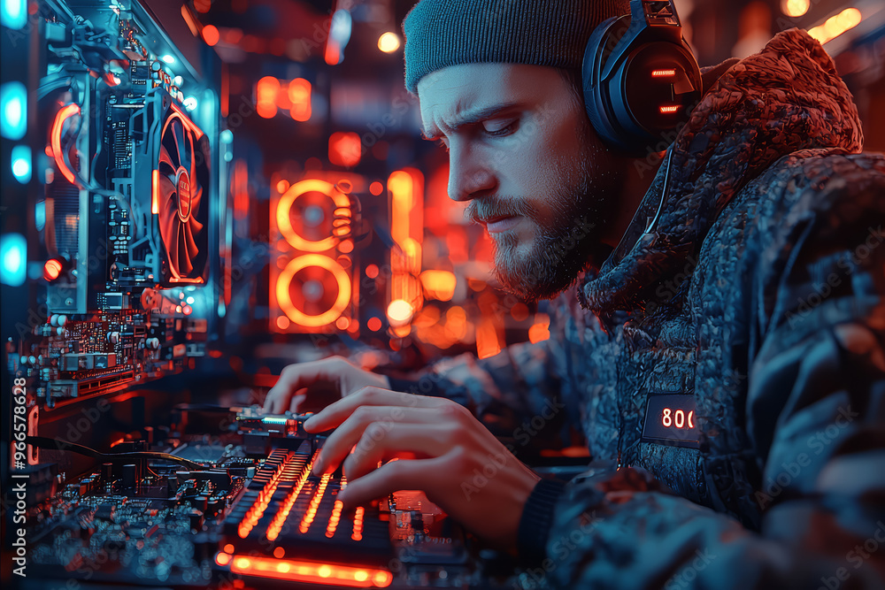 Poster a person assembling a high-performance pc with custom components, illustrating the hands-on aspect o