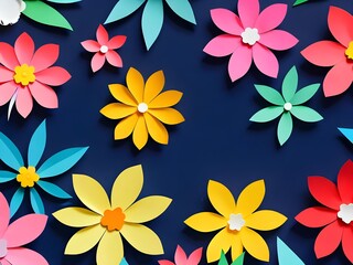 Colorful Paper Flowers on Blue Background