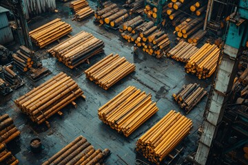 Aerial View of Stacked Logs in a Lumber Yard