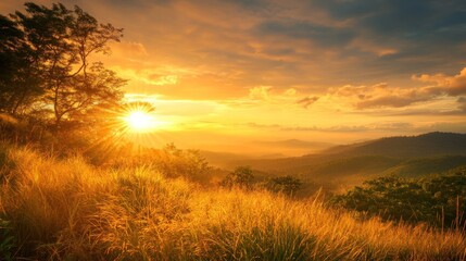 Fototapeta premium Golden Sunset Over Mountains