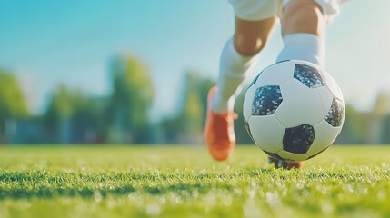 Naklejka premium Low Angle Panning Shot of Soccer Player Kicking Ball with Motion Blur Effect
