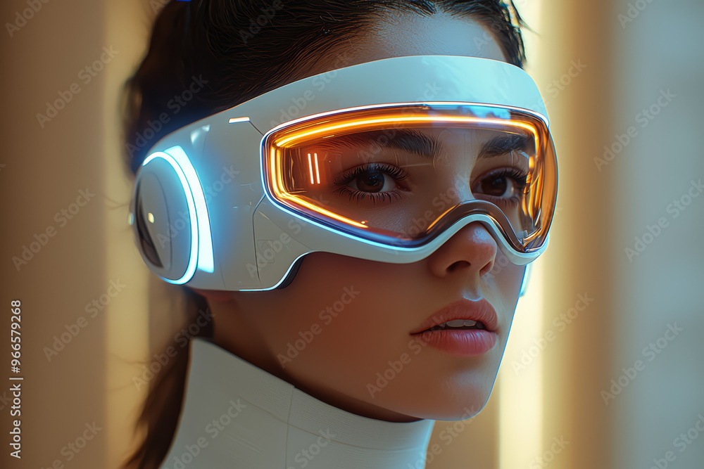 Aufkleber a futuristic wearable tech device with advanced features displayed on a model, illustrating the inno