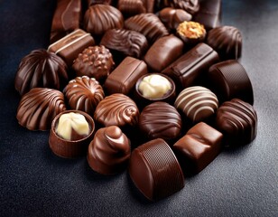 Obraz premium closeup of many chocolate candies pralines on dark background