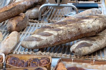 French artisan bakery in Bordeaux, rye and wheat bread and baguettes, France, french food