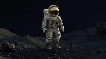 Astronaut standing on a barren lunar surface in a spacesuit, surrounded by a dark, rocky landscape.