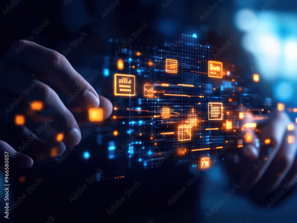 Poster a futuristic digital interface showcasing data connections, represented by glowing icons and hands i