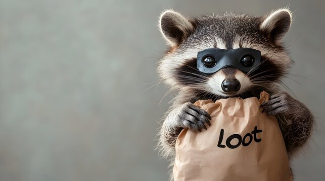 Mischievous Raccoon in Thief Costume with Bag of Loot on Halloween Night