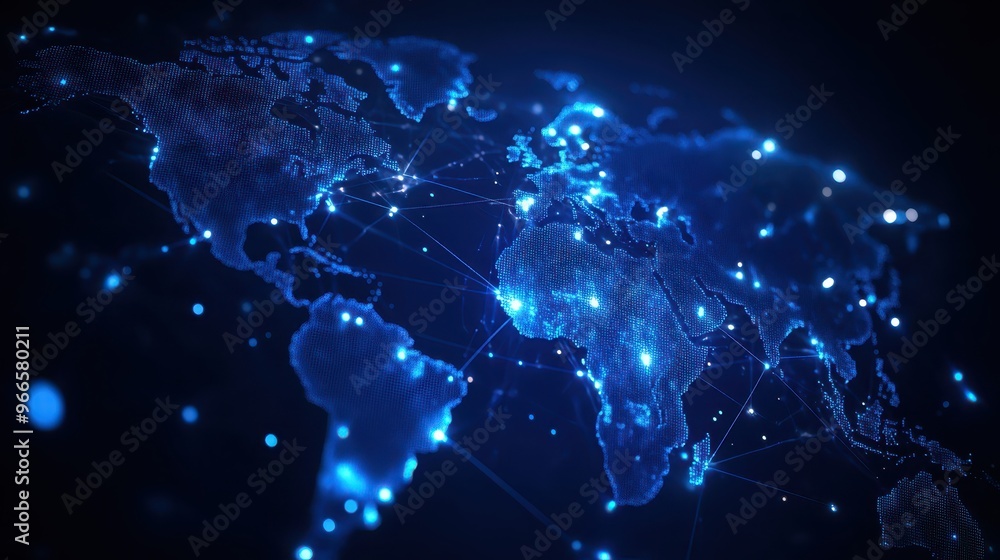 Poster a vibrant digital map of the world, showcasing glowing connections and data points in an electrifyin