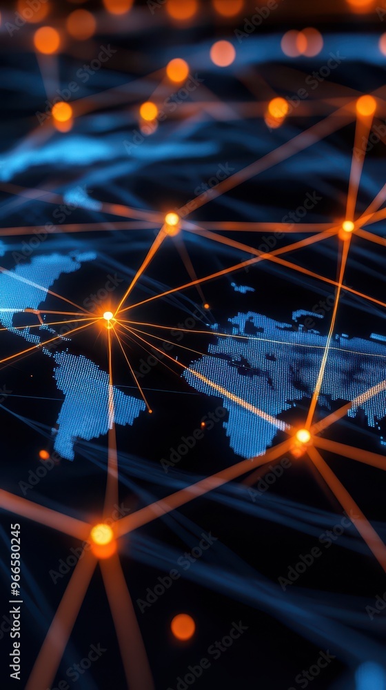 Poster abstract global network connections illustration with glowing lines and nodes on a dark world map ba