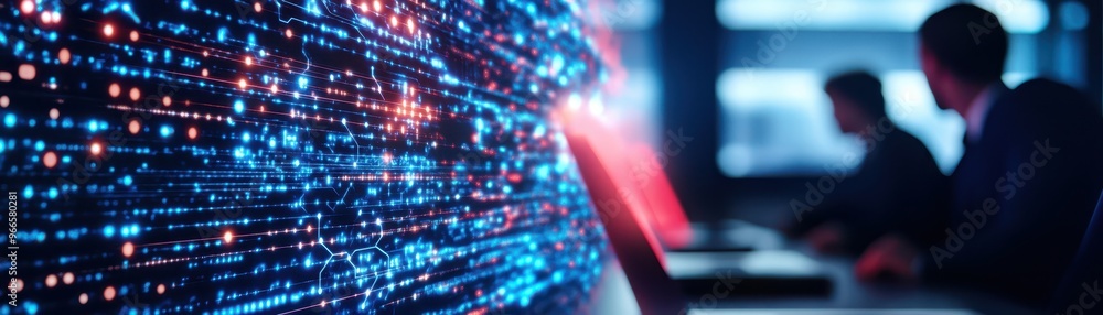 Poster dynamic data flow with vibrant lights, showcasing technology in action with professionals engaged in