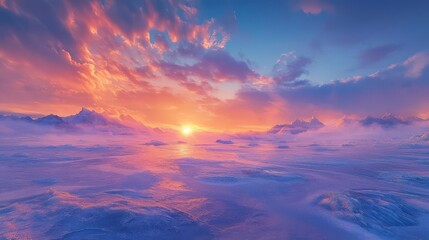 Fototapeta premium Breathtaking sunrise over a snowy landscape with vibrant hues of pink, orange, and blue, creating a serene and magical winter scene.