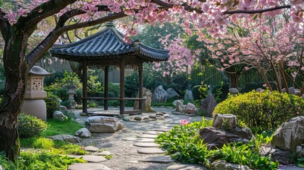 Obraz premium Serene Japanese Garden with Cherry Blossom Tree and Stone Pagoda