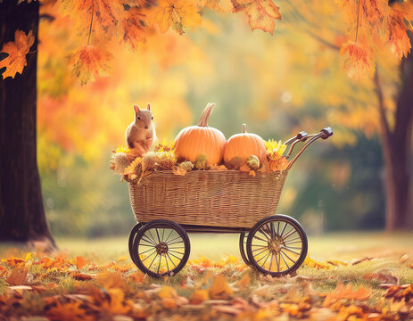 Open hand cart full of pumpkins under Autumn trees wit h a squirrel on board.