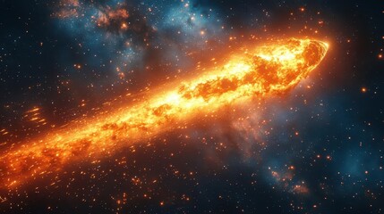 Naklejka premium brilliant comet streaking across night sky leaving fiery trail of light and sparks illuminating starry backdrop with otherworldly glow