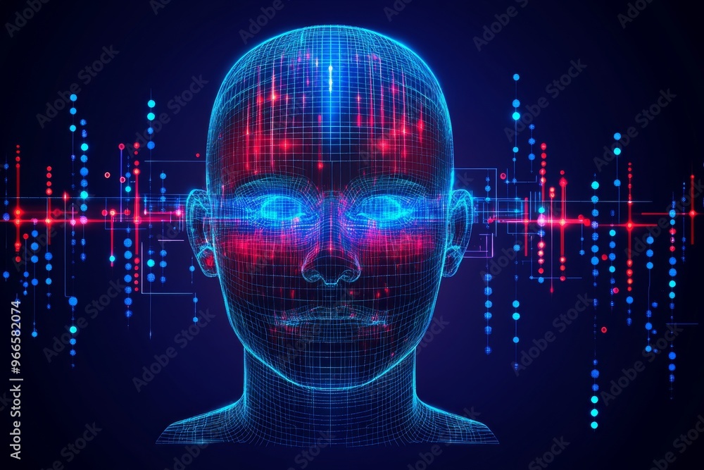 Aufkleber neuron transmission mental energy and brain circuits digital face with glowing data points visualizi