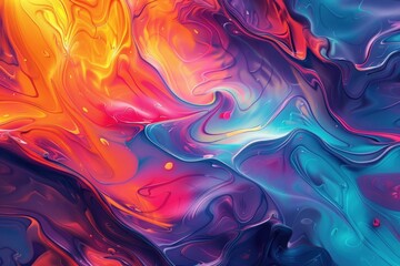 Abstract colorful liquid paint swirls in vibrant hues of blue, red, yellow, and orange.
