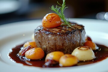 A plate of food with a piece of meat and a cherry on top