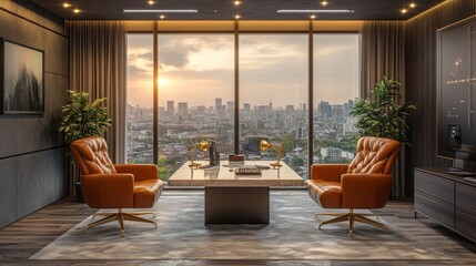 Fototapeta premium A premium podcast studio featuring two leather recliners, gold microphones on a sleek marble table, and a big cityscape window. Warm lighting creates a refined yet inviting space for high-end recordin