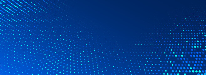 Blue glowing dotted texture. Abstract curved dot grid wallpaper. Circle halftone pattern background. Dark navy backdrop for technology, business, science, healthcare, medicine design. Vector