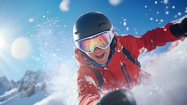 Skier mid jump on snowy mountain with flying snow