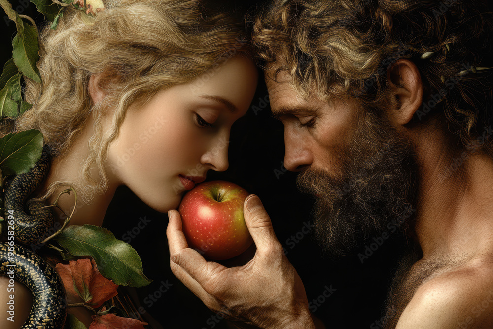 Wall mural Adam and Eve in the Garden of Eden. AI generative.