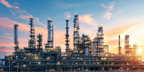 Obraz premium Evening picture of the refinery. AI generative.