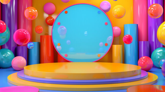 Bright fun colorful kids game show circle round set vibrant playful background bright colors bubbles round stage children friendly design template copy space balls floating tubes blue orange red
