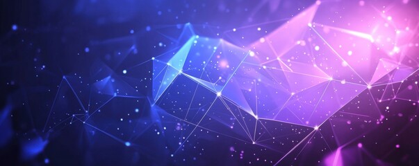 Abstract purple and blue geometric triangular background with glowing light effects and particle details