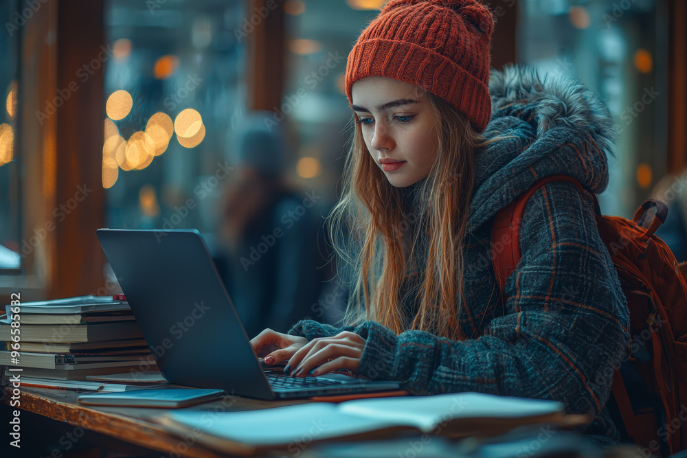 Poster a teenager studying on a laptop with multiple tabs open, reflecting the multitasking skills of gen z