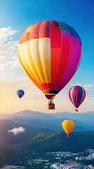 Obraz premium Colorful hot air balloons soaring over mountains at sunrise