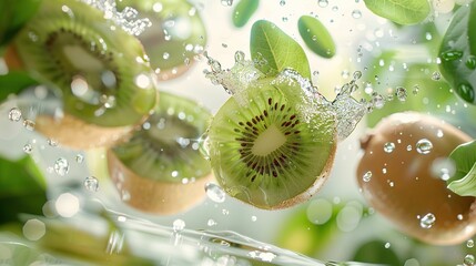 Kiwi Splashing in Water with Leaves