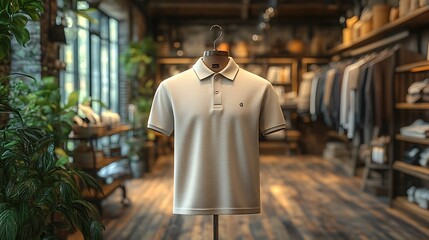 A white polo shirt on a mannequin in a modern clothing store.