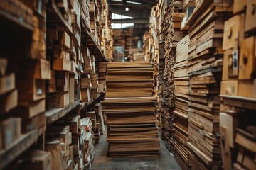 Obraz premium Stacked Wood Boards in a Lumber Warehouse