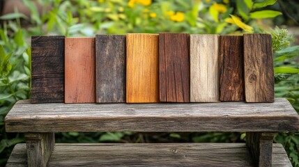 Fototapeta premium A set of rustic wood swatches, each with unique weathering and natural imperfections, displayed on an old wooden bench