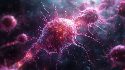 Close-up of a neuron cell with intricate details, glowing pink and purple against a dark background, showcasing neural pathways and connections.