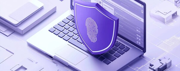 Purple shield with check mark on laptop keyboard symbolizing cybersecurity and digital protection