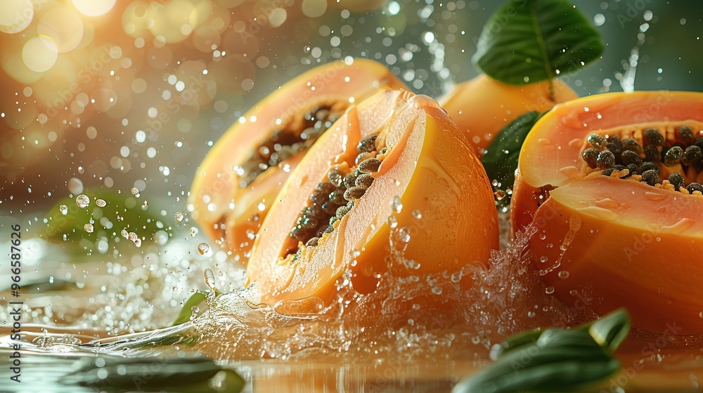 Sticker fresh papaya with water splashes