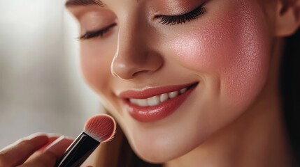 Naklejka premium Close-up of a woman applying blush on her cheeks with a makeup brush, showcasing a glowing and smooth complexion.